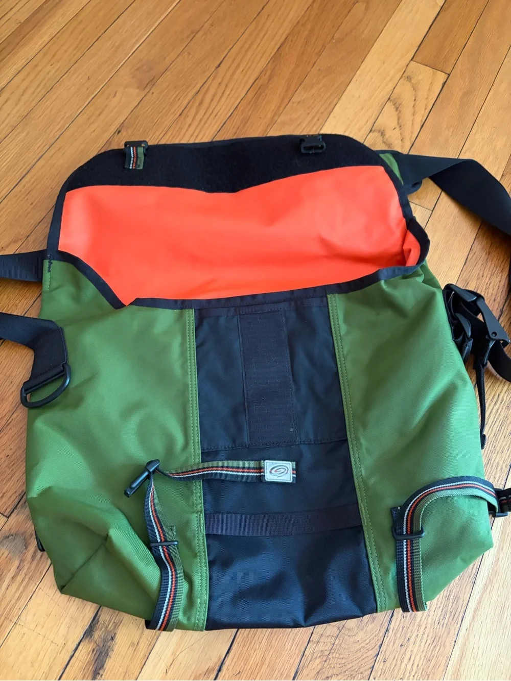 Timbuk2 Olive Green, Black & Orange Messenger Bag.